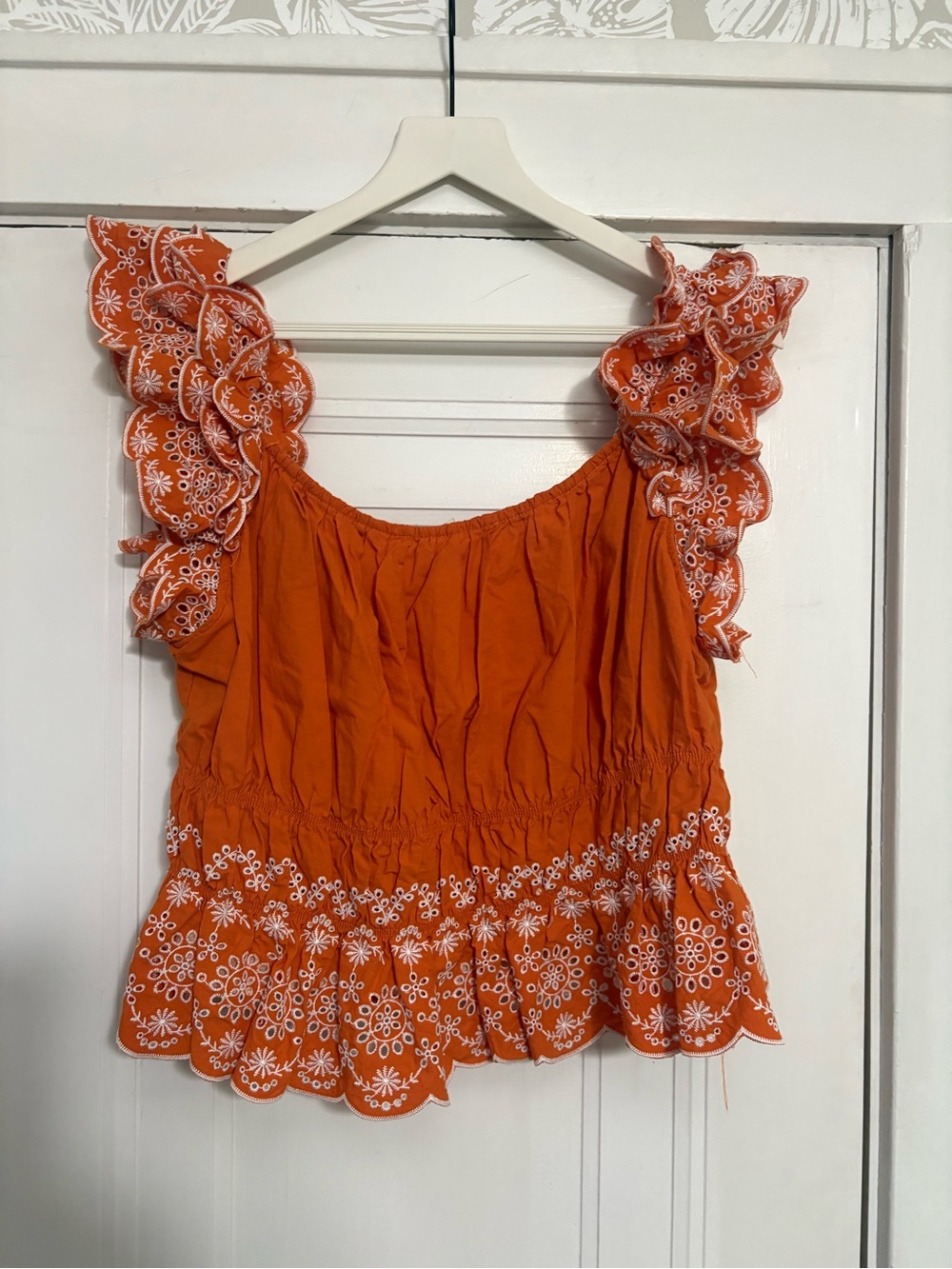 Blue Tassel Anthropologie Cotton Orange Eyelet Ruffle Sleeve Peplum Crop Top - Picture 3 of 8
